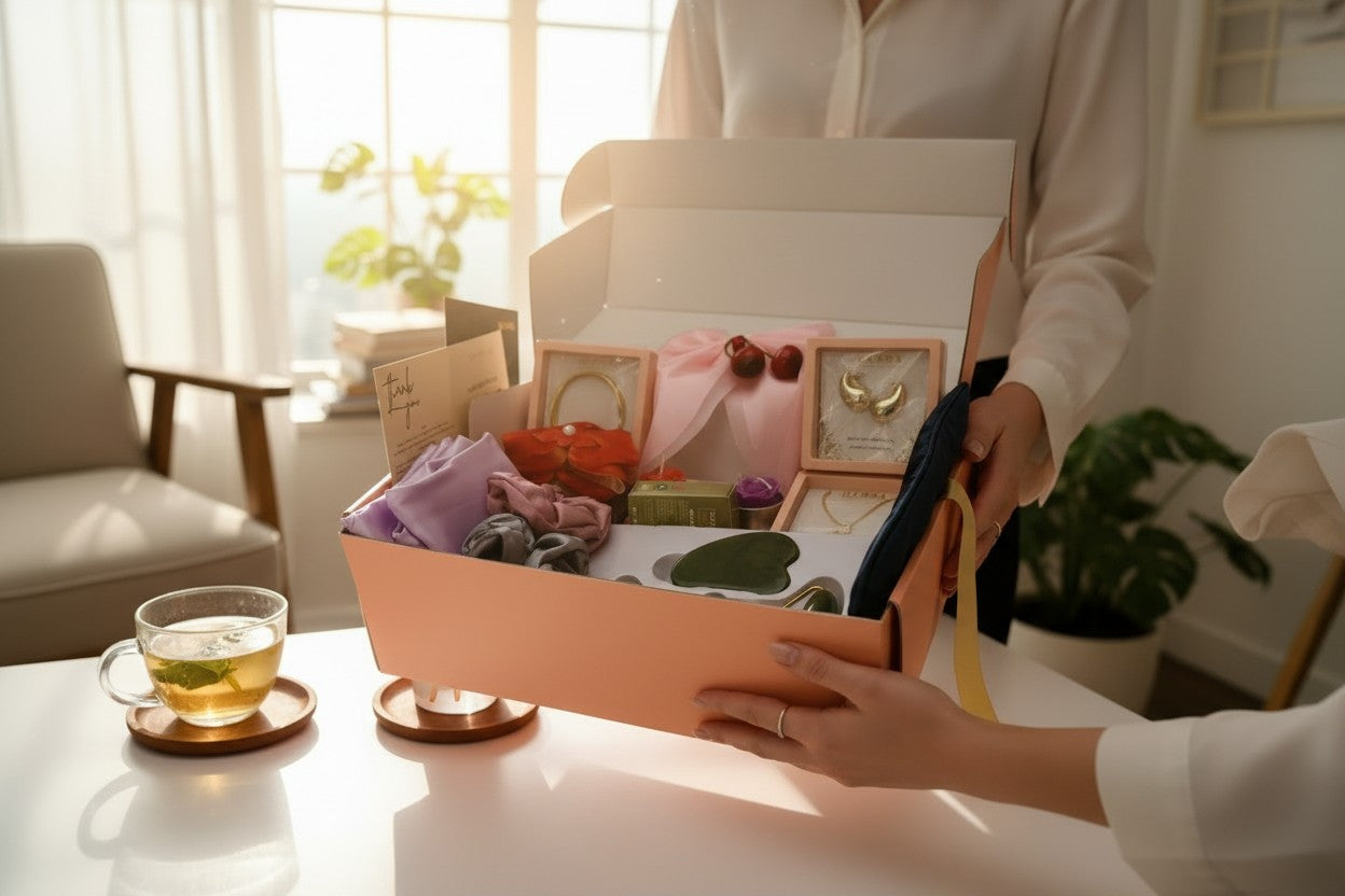 Person holding The Glamouristic Luxe Gift Hamper for Women & Girls in a room