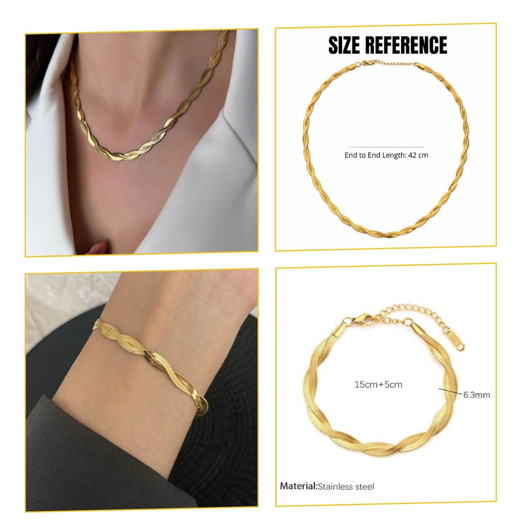 Twisted Double layered Snake Necklace and snake bracelet on neck and wrist with size reference measurements