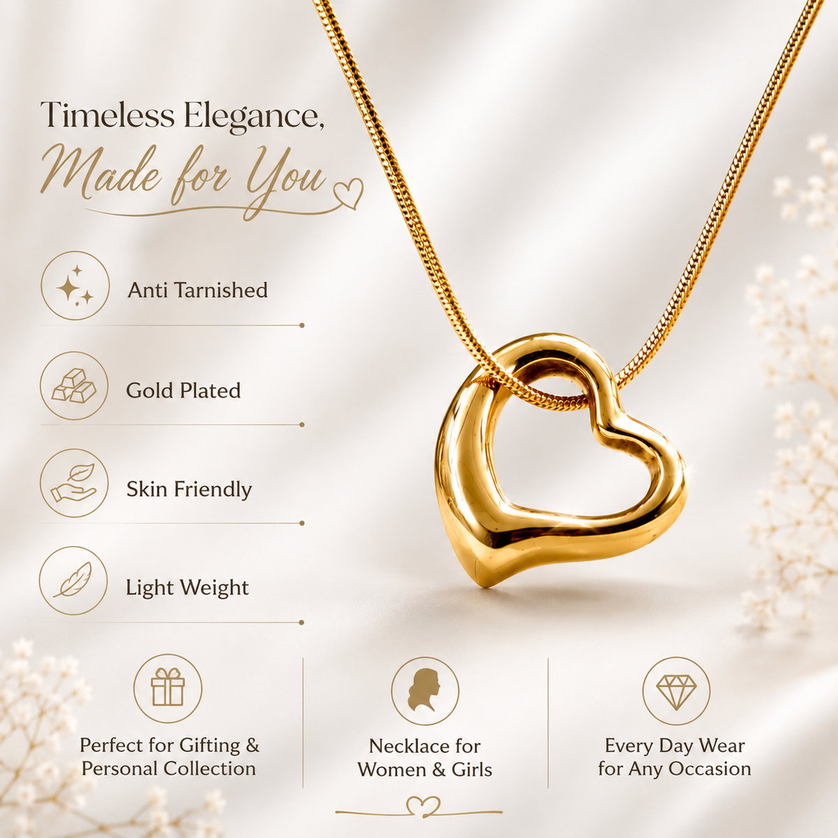 Aurelia Gold Plated Anti Tarnish Tilted Heart Necklace feature highlight