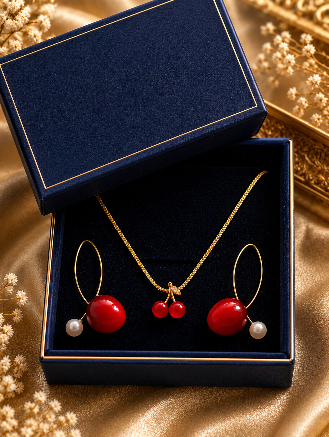 Cherry Bloom Gold Toned Necklace & Earrings Set for women in jewellery set