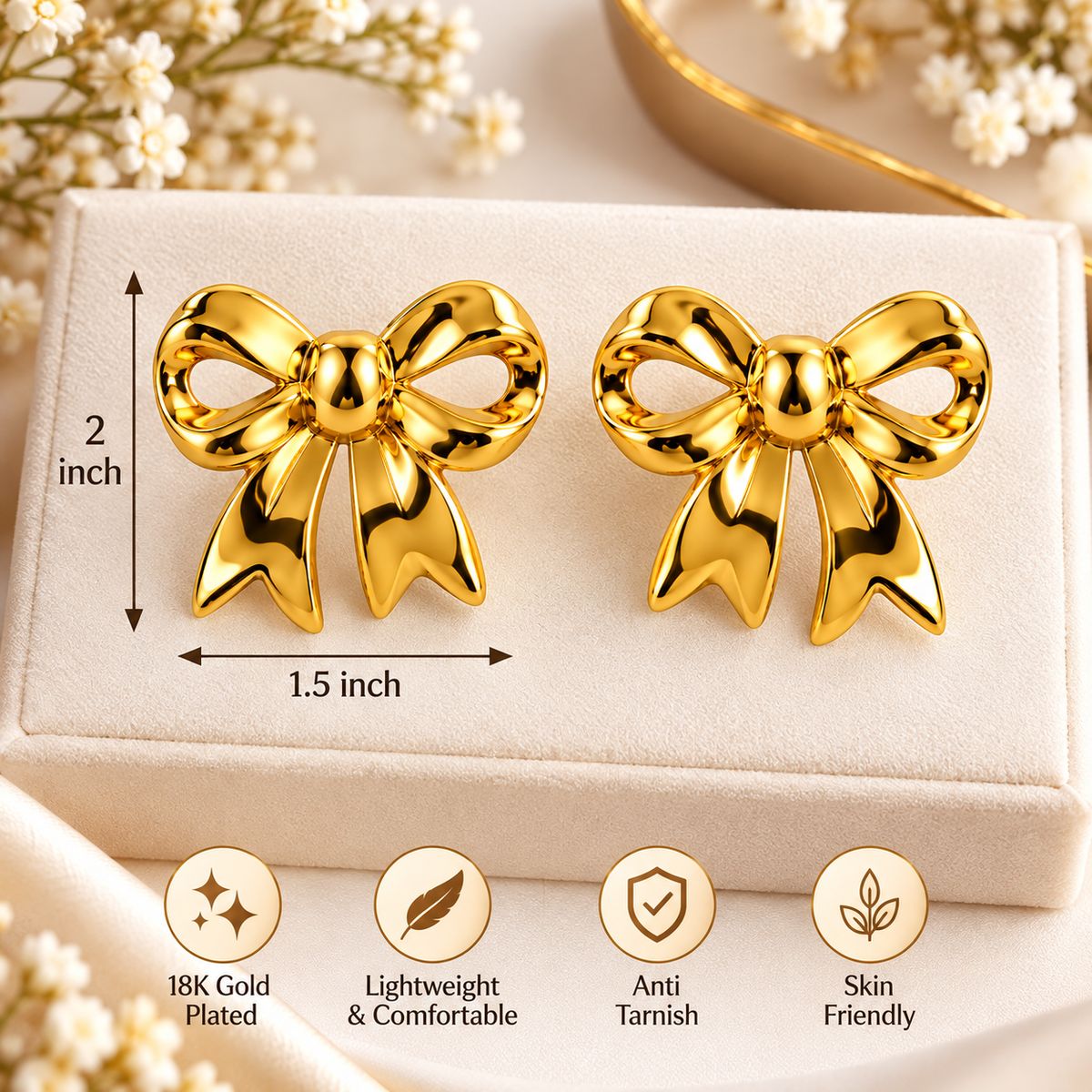 Gold Plated Anti Tarnish Chunky Bow Stud for Women measurement