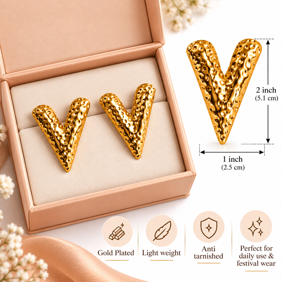 Gold Plated Anti Tarnish Chunky V Shape Stud Earrings for Women product feature