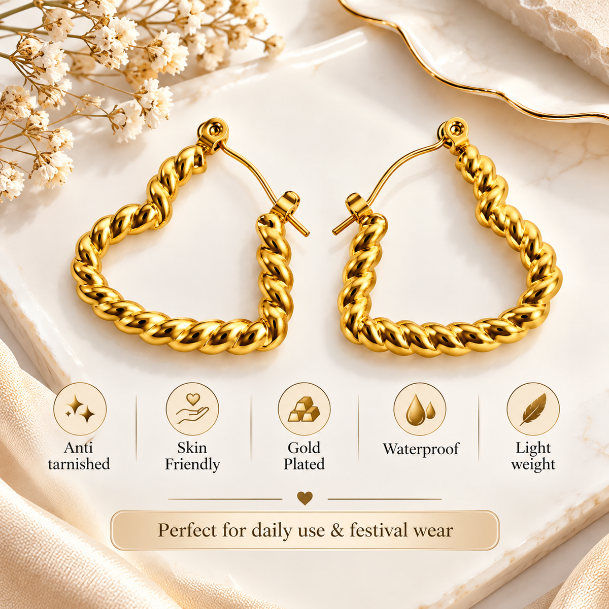 Gold Plated Anti Tarnish Honeycomb Heart Hoop Earrings for Women product feature