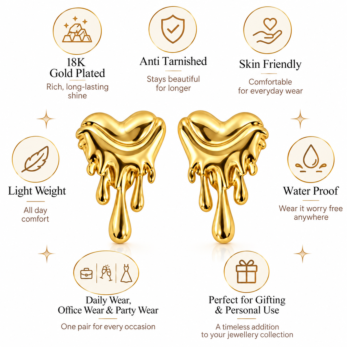 Gold Plated Anti Tarnish Melted Heart Stud Earrings for Women product features