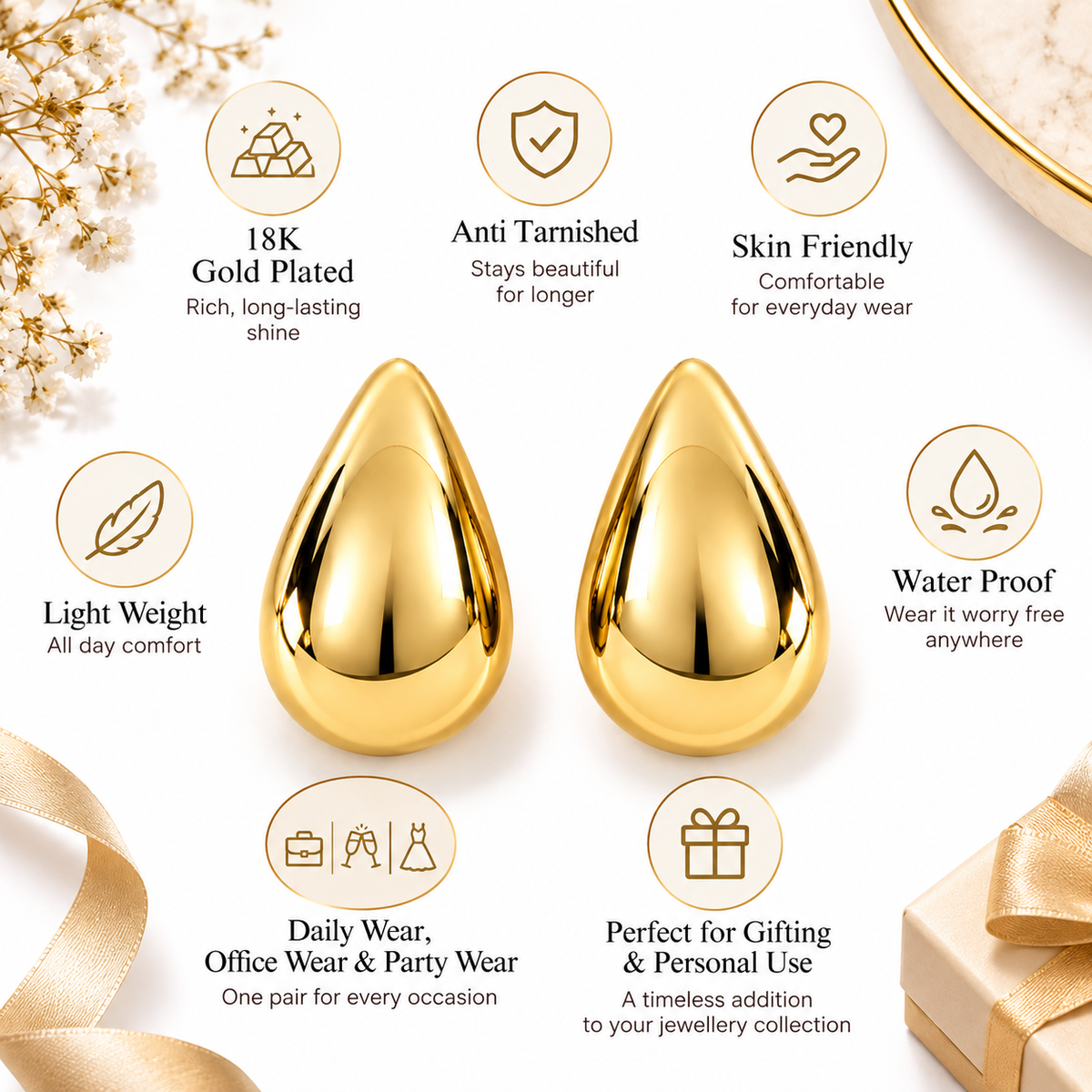 Gold Plated Anti Tarnish Teardrop Stud Earrings for Women product feature