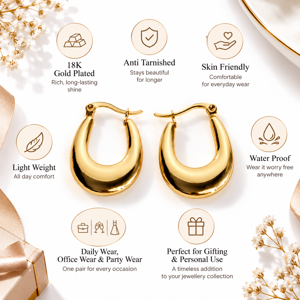 Gold Plated Anti Tarnish U-Shaped Hoop Earrings product feature