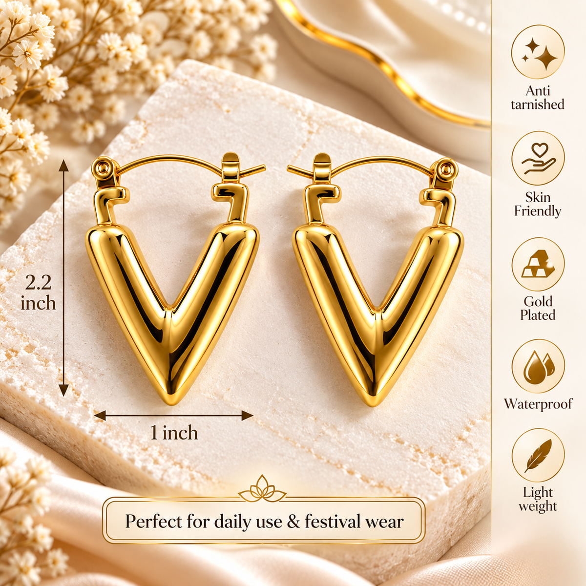 Gold Plated Anti Tarnish V Shape Hoop Earrings for Women product features