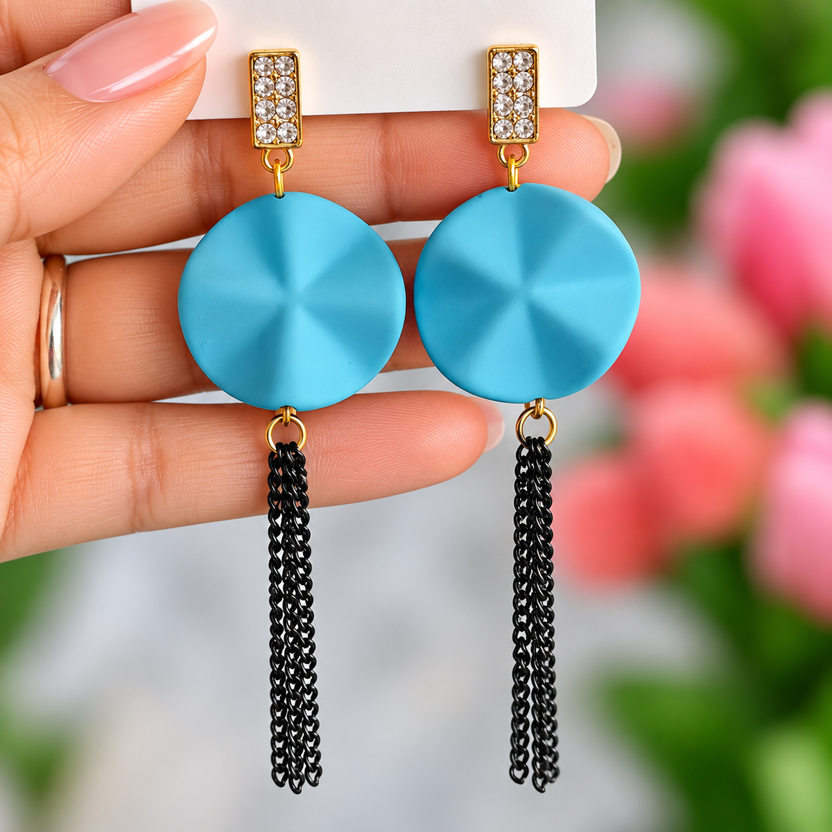 Gold Toned Blue Disc Black Chain Dangler Earrings for Women