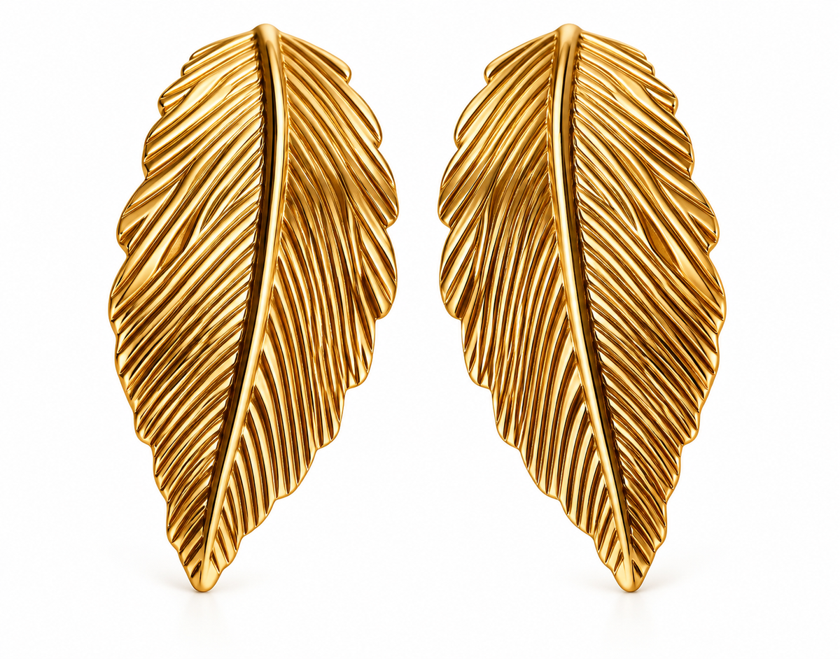 Gold Toned Chunky Feather Stud Earrings for Women on white background