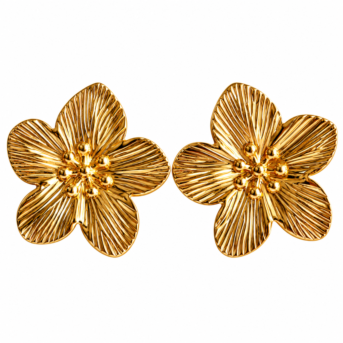 Gold Toned Chunky Flower Stud Earrings for Women on white background
