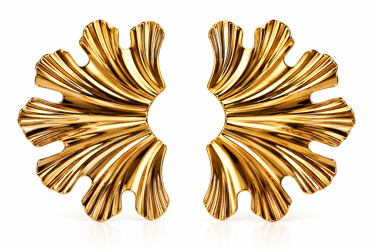 Gold Toned Chunky Half Petal Stud Earrings for Women on white background
