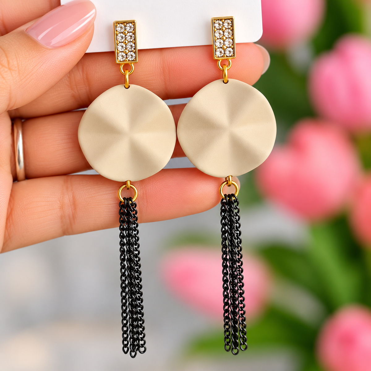 Gold Toned Cream Disc Black Chain Dangler Earrings for Women