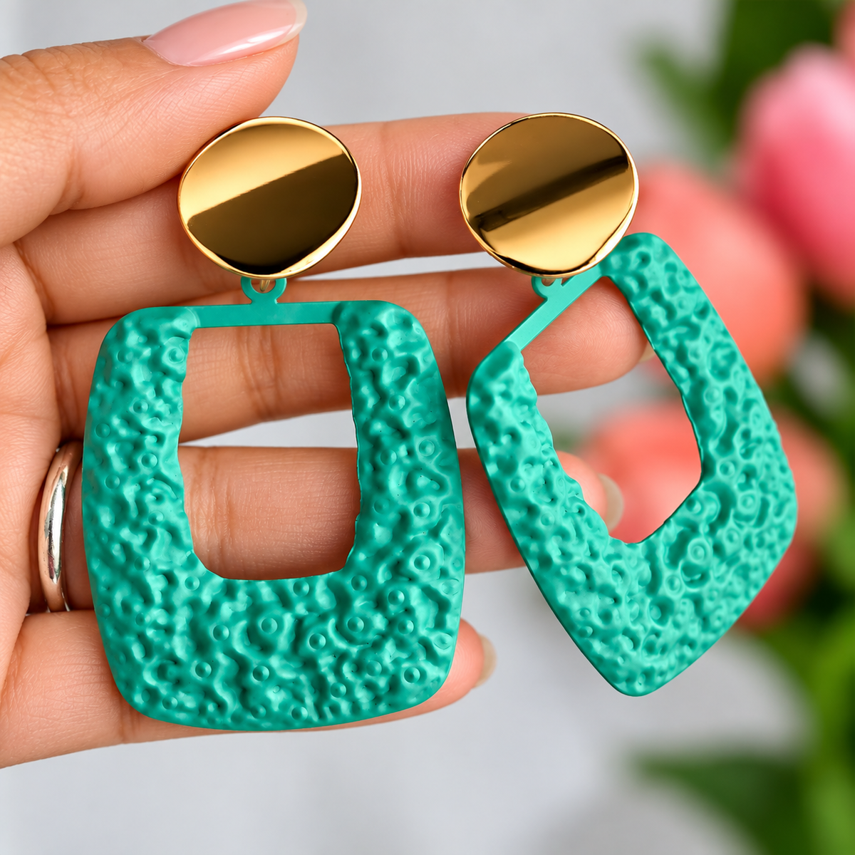 Gold Toned Teal Textured Square Stud Earrings for Women