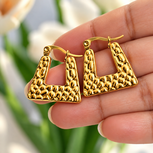 Hand holding Gold Plated Anti Tarnish Square Hoop Earrings for Women