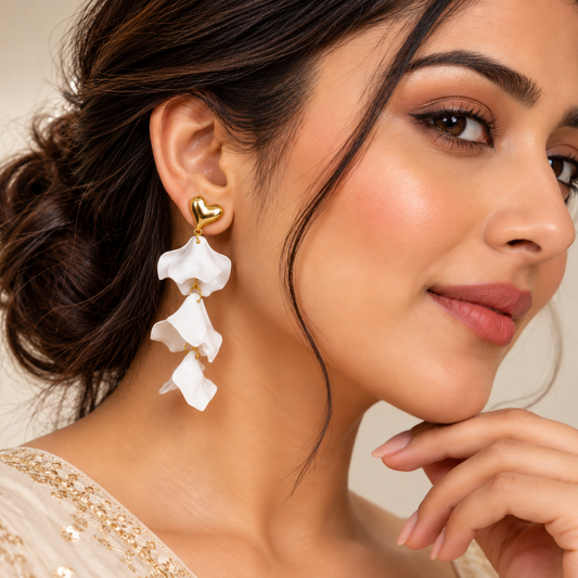 modelwearing Gold Toned White Petal Heart Dangler Earrings for Women
