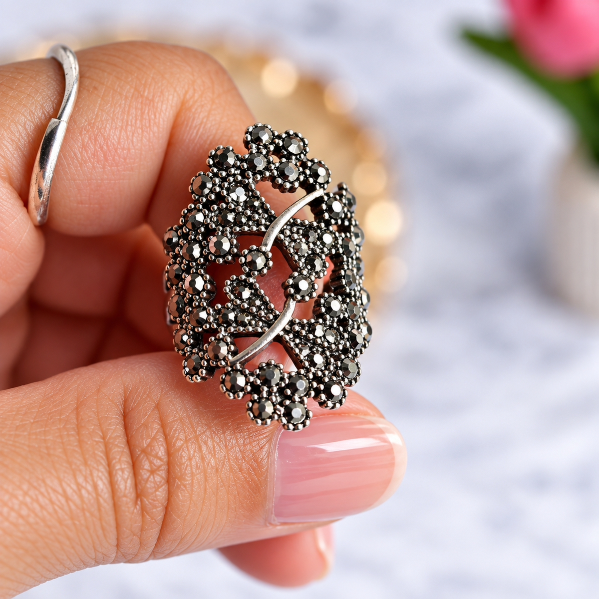 Vertical view of Oxidised Black & Silver Polished AD Butterfly Statement Ring for Women