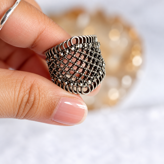 Oxidised Black & Silver Polished AD Lattice Statement Ring for Women close up