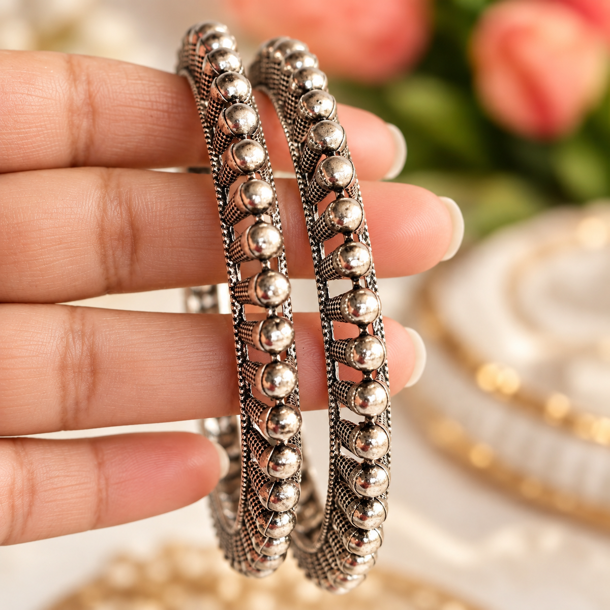 Oxidised Black & Silver Polished Ball Detail Ethnic Bangles for Women close up