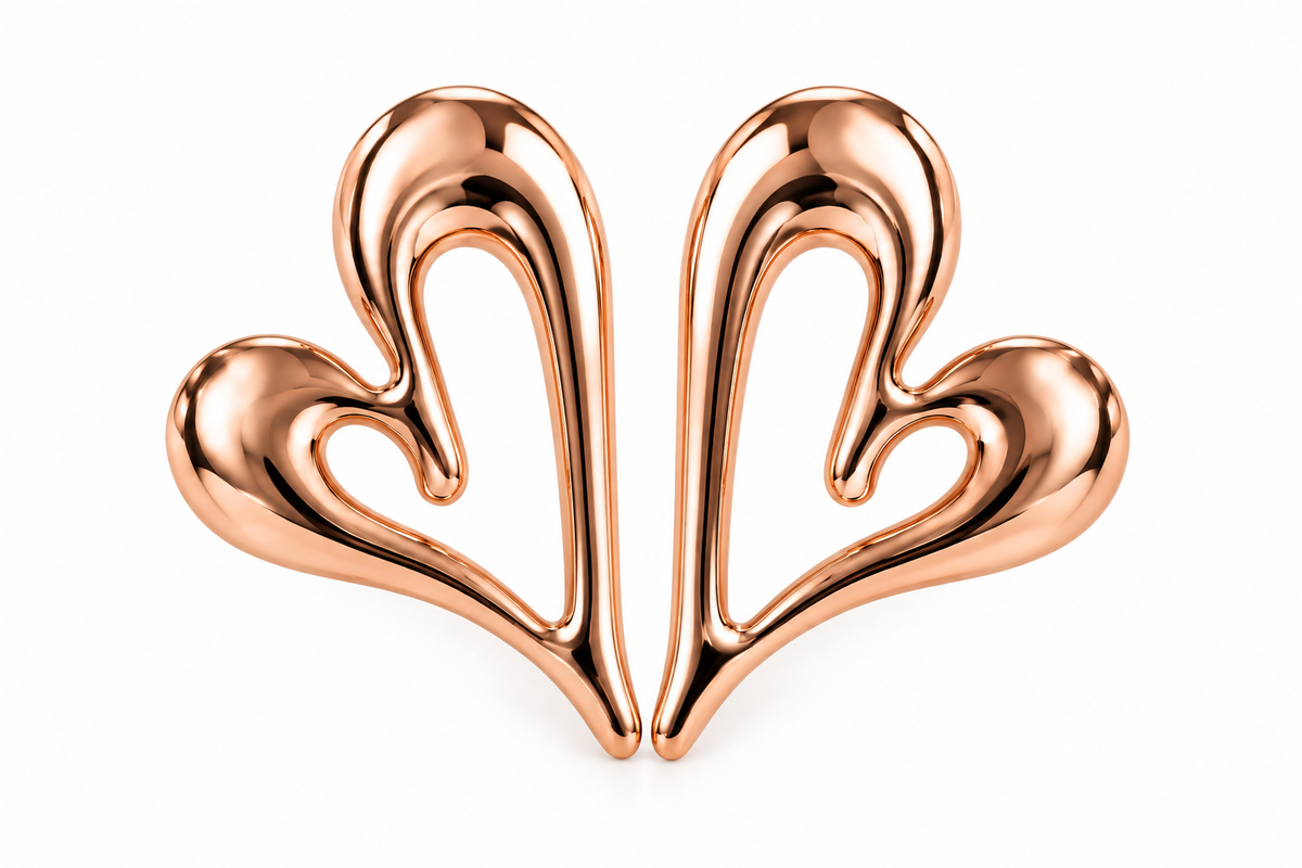 Rose Gold Toned Chunky Double Heart Stud Earrings for Women on white background