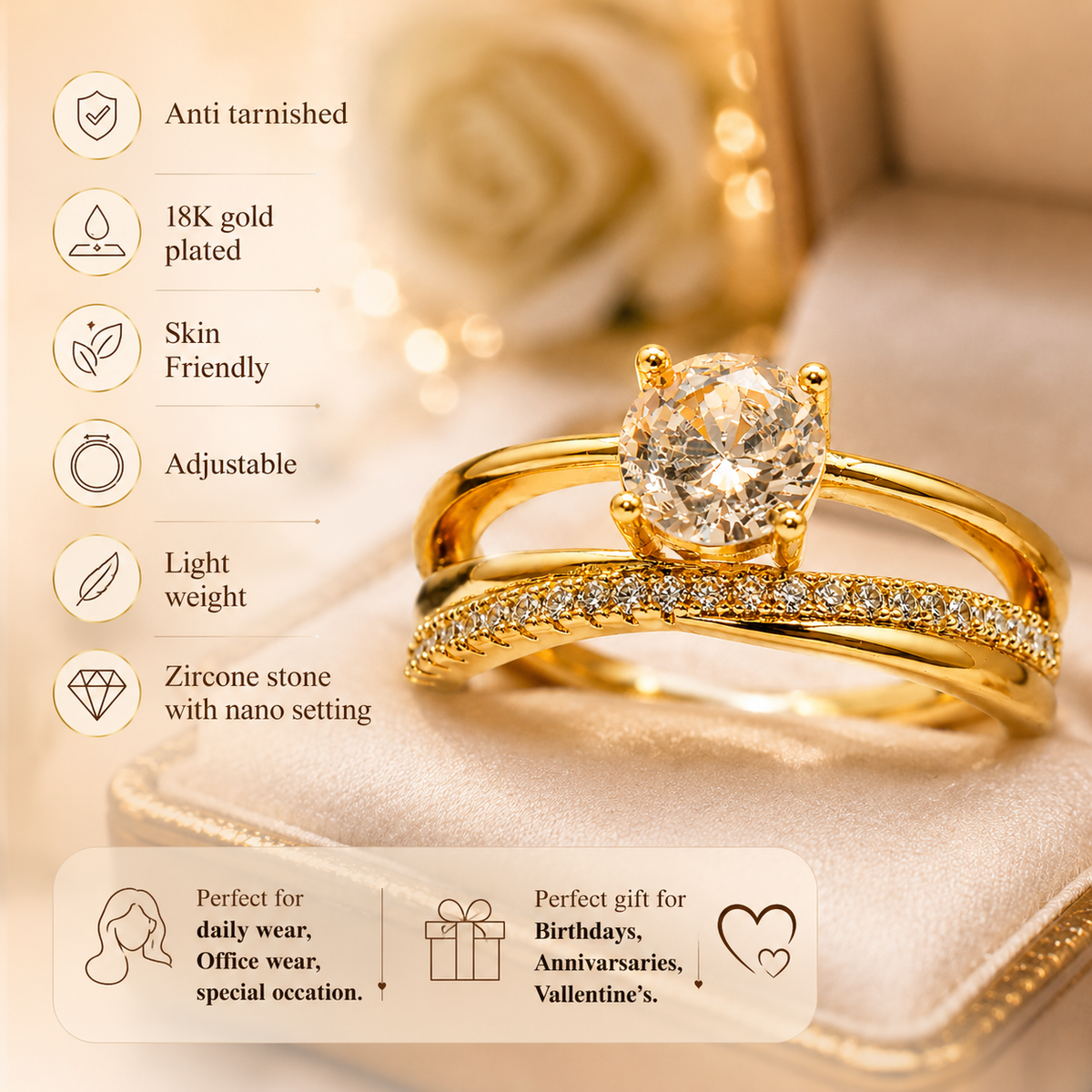 Seraphina Gold Plated Anti Tarnish Classic Zircon Open Ring product feature