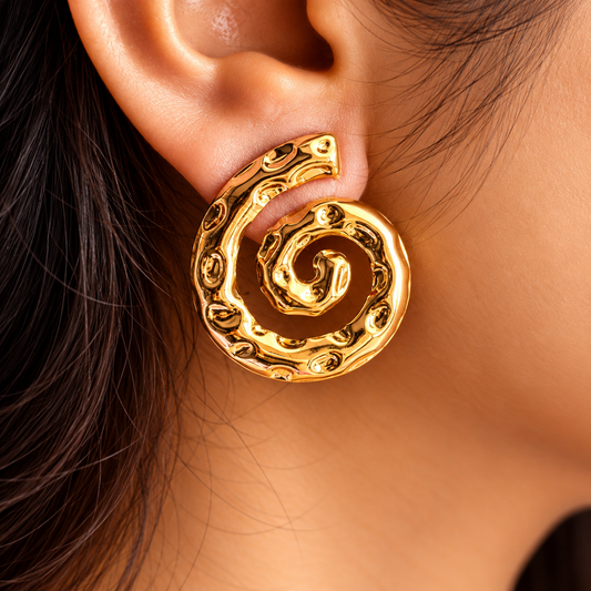 woman wearing Gold Toned Chunky Spiral Stud Earrings for Women