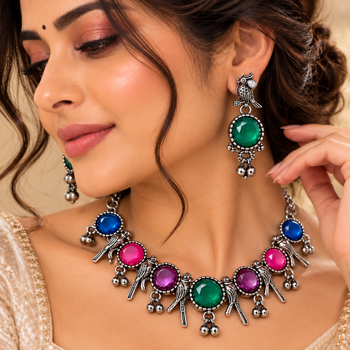 model wearing Oxidised Peacock Design Stone Work Choker & Earrings Set for Women