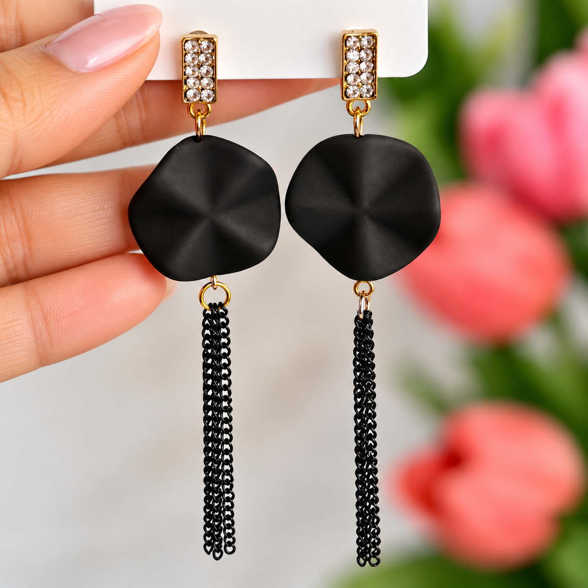 Gold Toned Black Disc Black Chain Dangler Earrings for Women