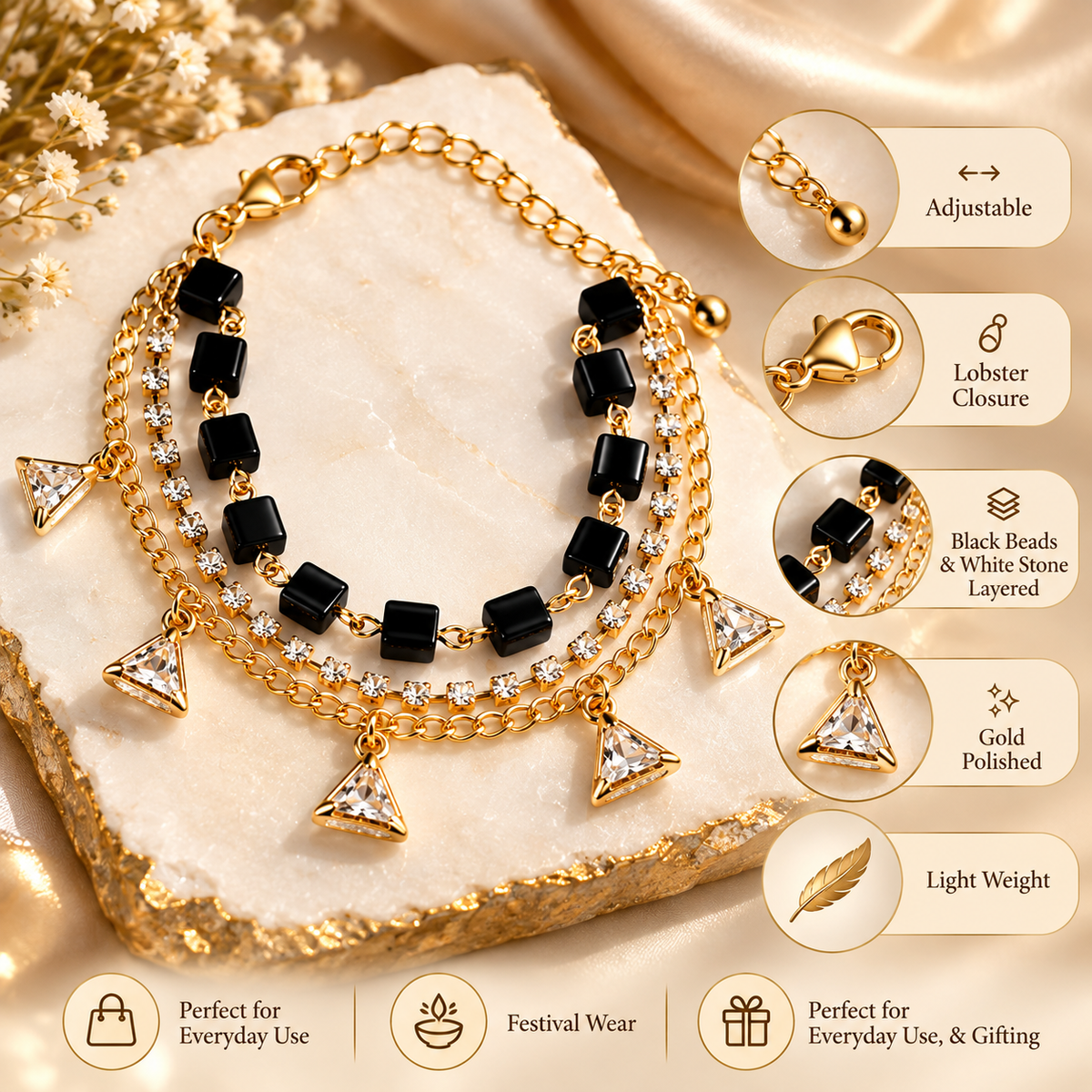 3 Layered Black Beads Bracelet for Women product features
