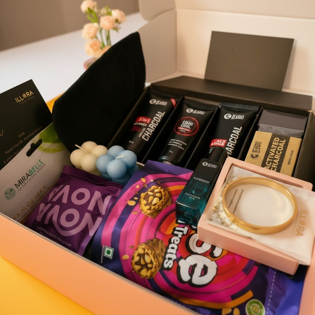 Close-up of The Alfa Glow Grooming & Self-Care Gift Hamper For Men in a premium mailer box