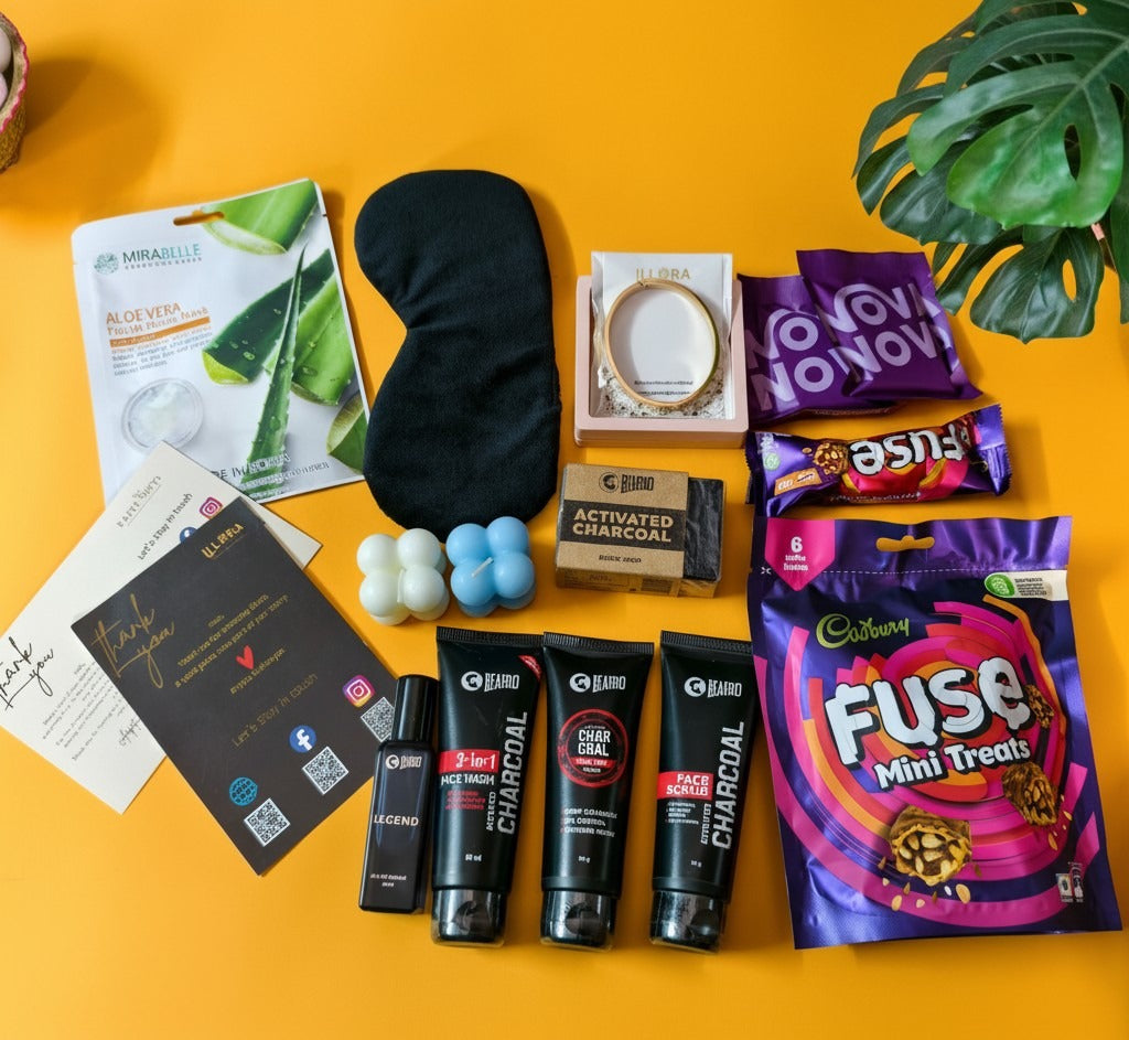 The Alfa Glow Men's gift hamper containing premium Grooming kit, Anti-tarnish bracelet, sweet treats, eye-mask 