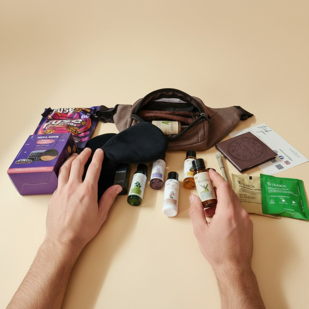 Person organizing The Urban Voyager Travel Care Gift Hamper for him on beige background