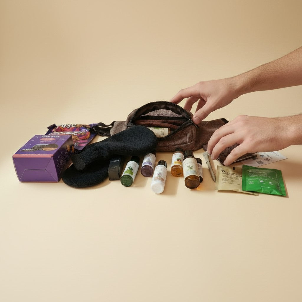 Person showcasing Gift Hamper For Him with travel care products, sweet treats and accessories