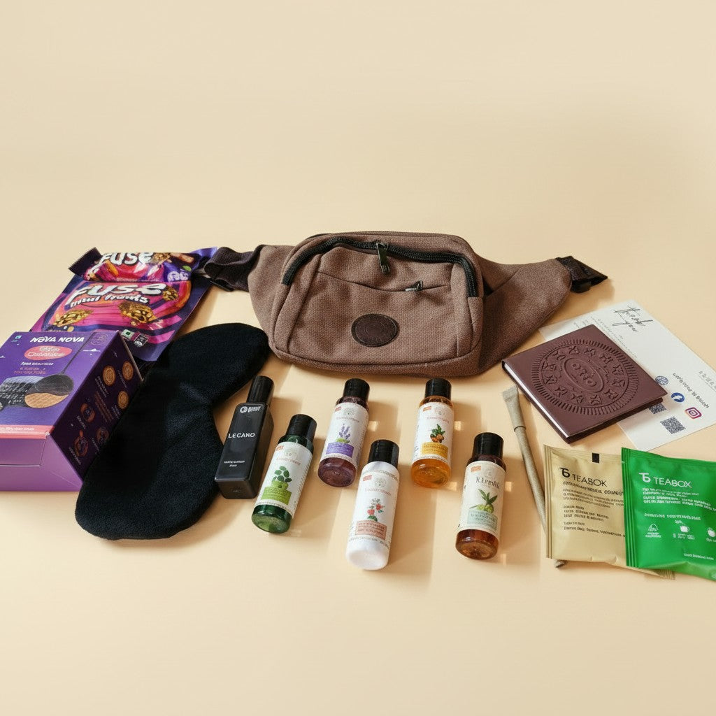 The Urban Voyager Travel Care Gift Hamper For Men on a beige background