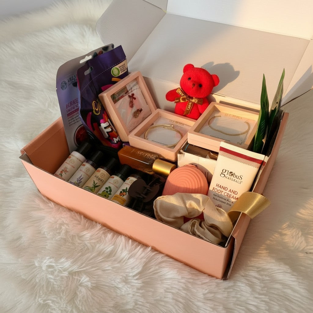 The Jet Setter Travel Care Gift Hamper For Women & Girls on a satin surface.