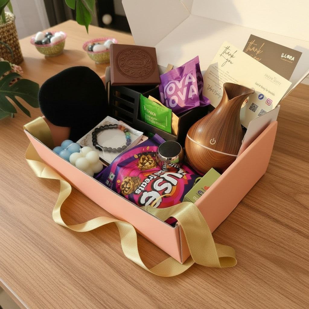 Wellness & Productivity Gift Hamper for him in a premium mailer box on a wooden surface