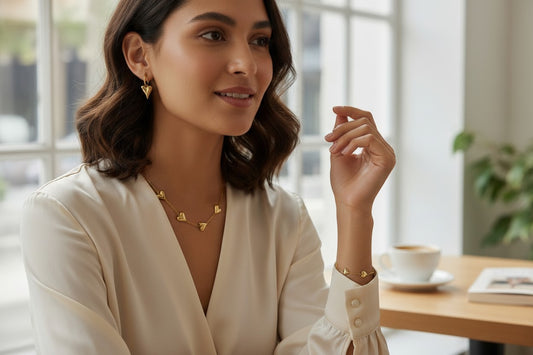 Women wearing Eternal Heart Symphony - Anti-tarnish 18k Gold-plated Heart Necklace, Heart Earrings & Heart Bracelet Set 