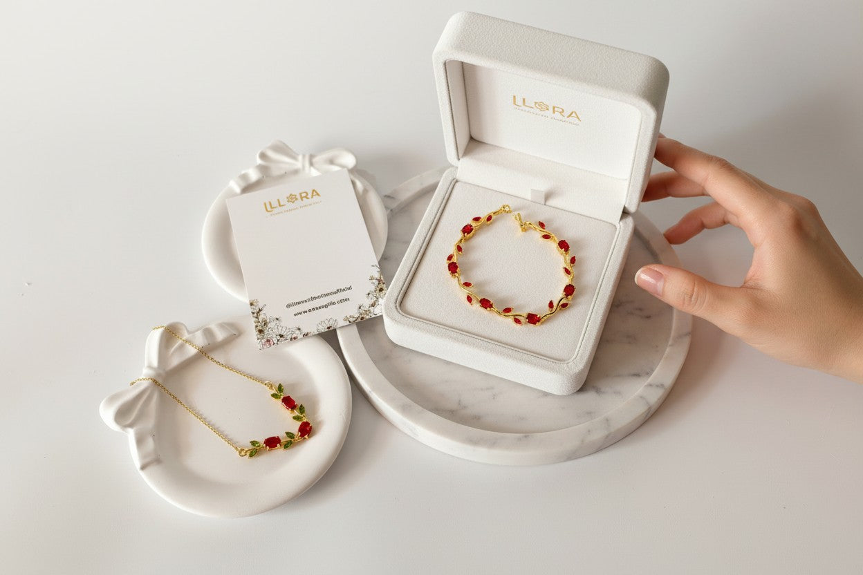 Red & Olive Green Tulip Necklace & Bracelet Set in a white box and plater