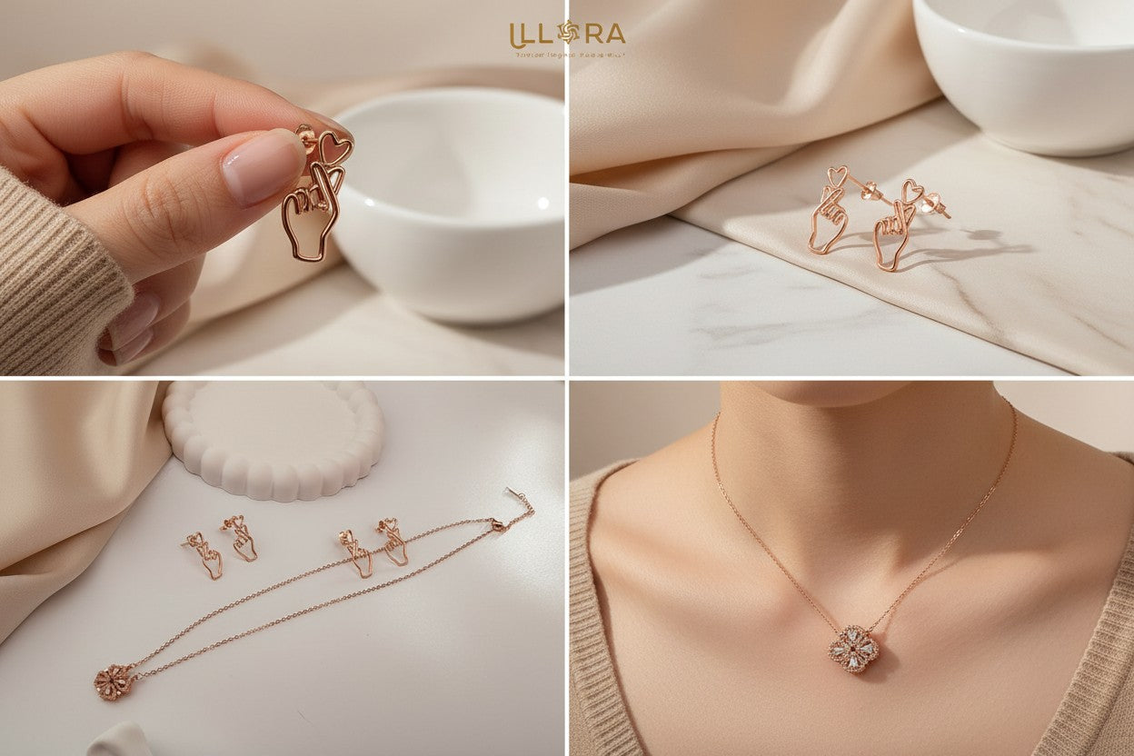 Collage of Blush Love Signature Jewellery Set for Women on a neutral background.