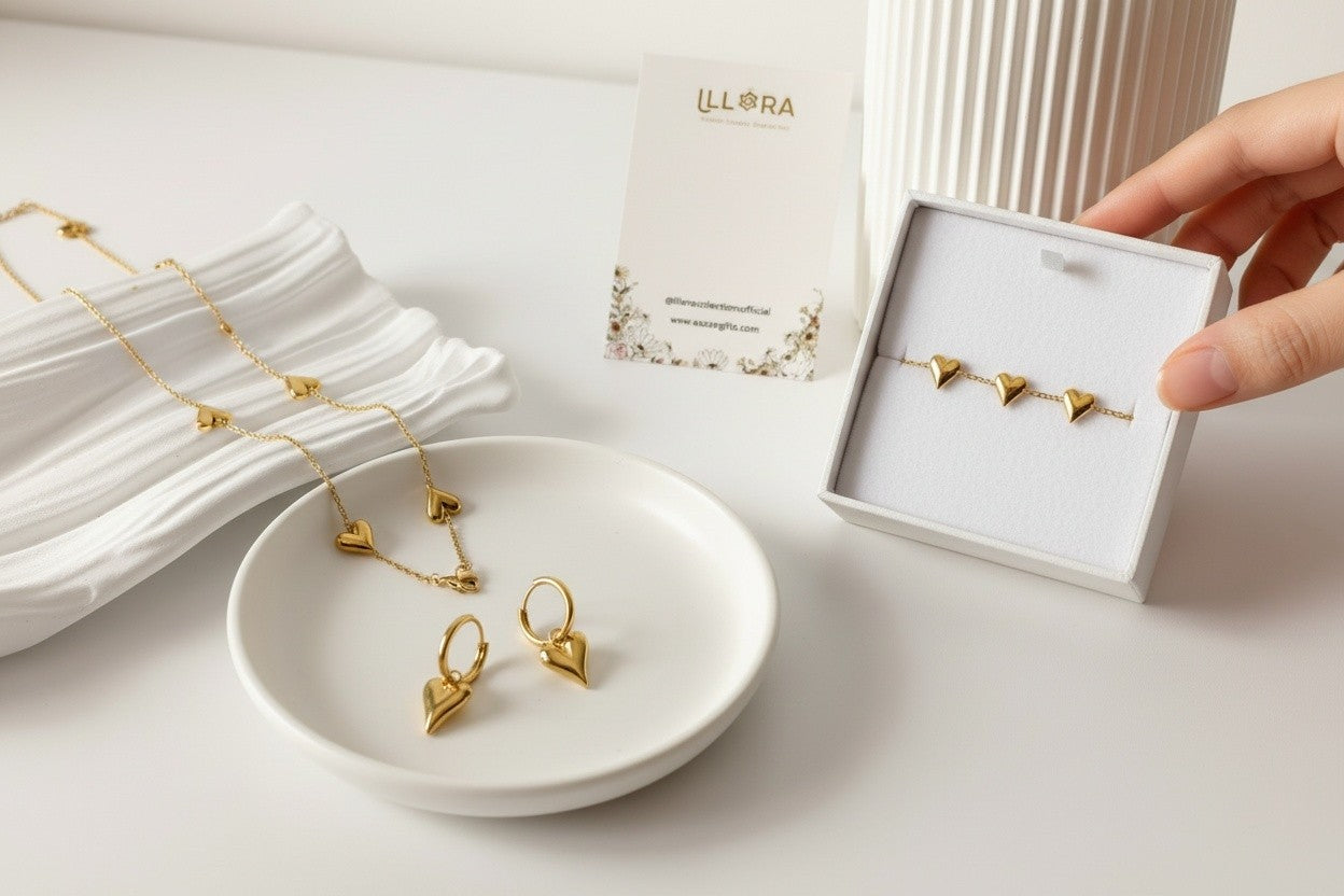 Eternal Heart Symphony - Anti-tarnish 18k Gold-plated Heart Necklace, Heart Earrings & Heart Bracelet Set on a white background with dish and box