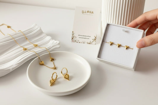 Eternal Heart Symphony - Anti-tarnish 18k Gold-plated Heart Necklace, Heart Earrings & Heart Bracelet Set on a white background with dish and box