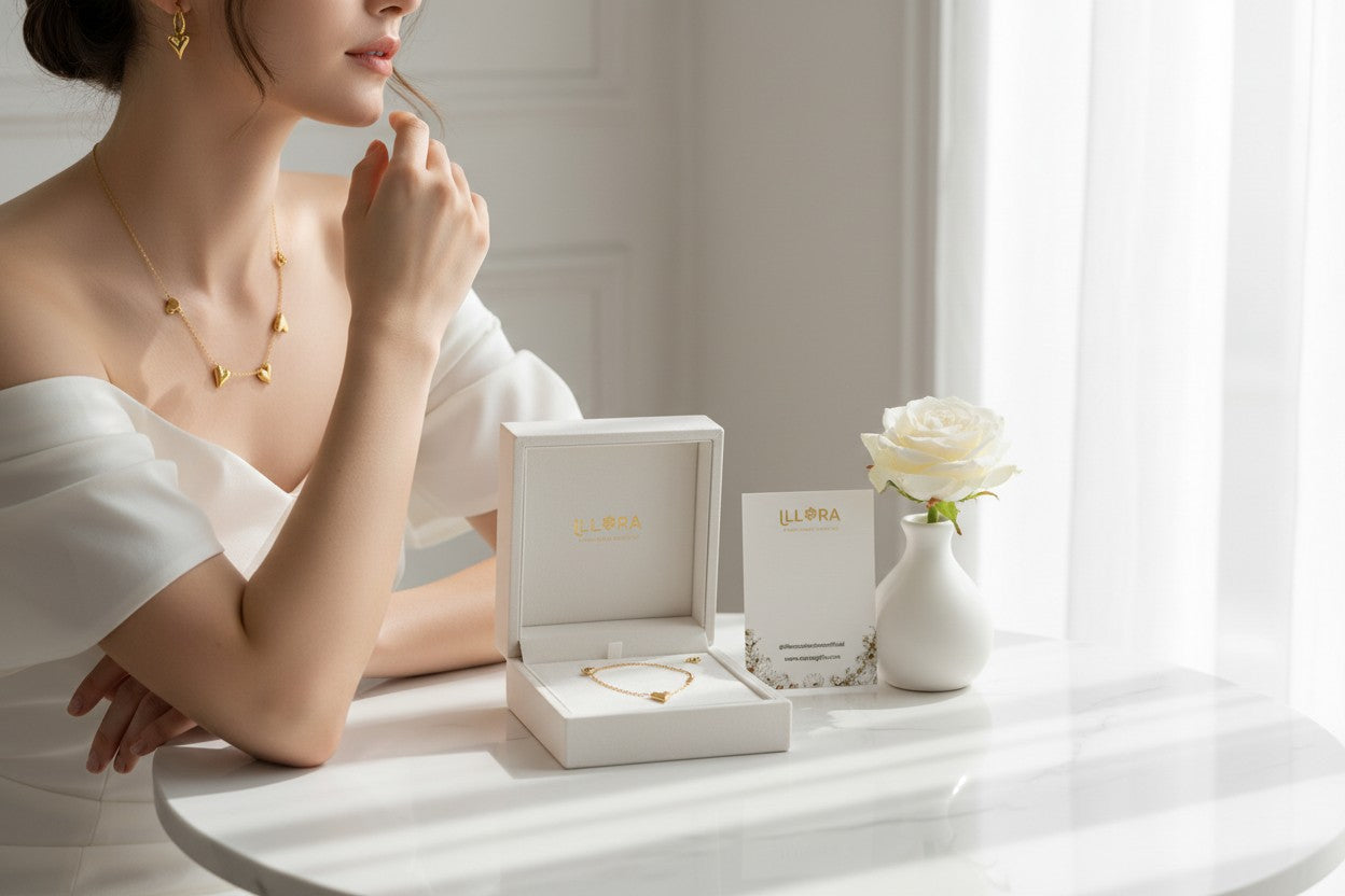 Woman wearing Eternal Heart Symphony - Anti-tarnish 18k Gold-plated Heart Necklace, Heart Earrings & Heart Bracelet Set with a white vase and flowers on a table.