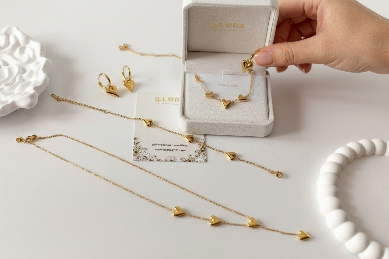Anti-tarnish 18k Gold-plated Heart Necklace, Heart Earrings & Heart Bracelet Set on a light surface