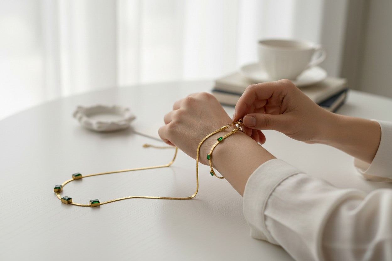 Women wearing gold-plated Green Emerald Stone Embedded Snake Necklace & Snake Bracelet Set on a light surface.