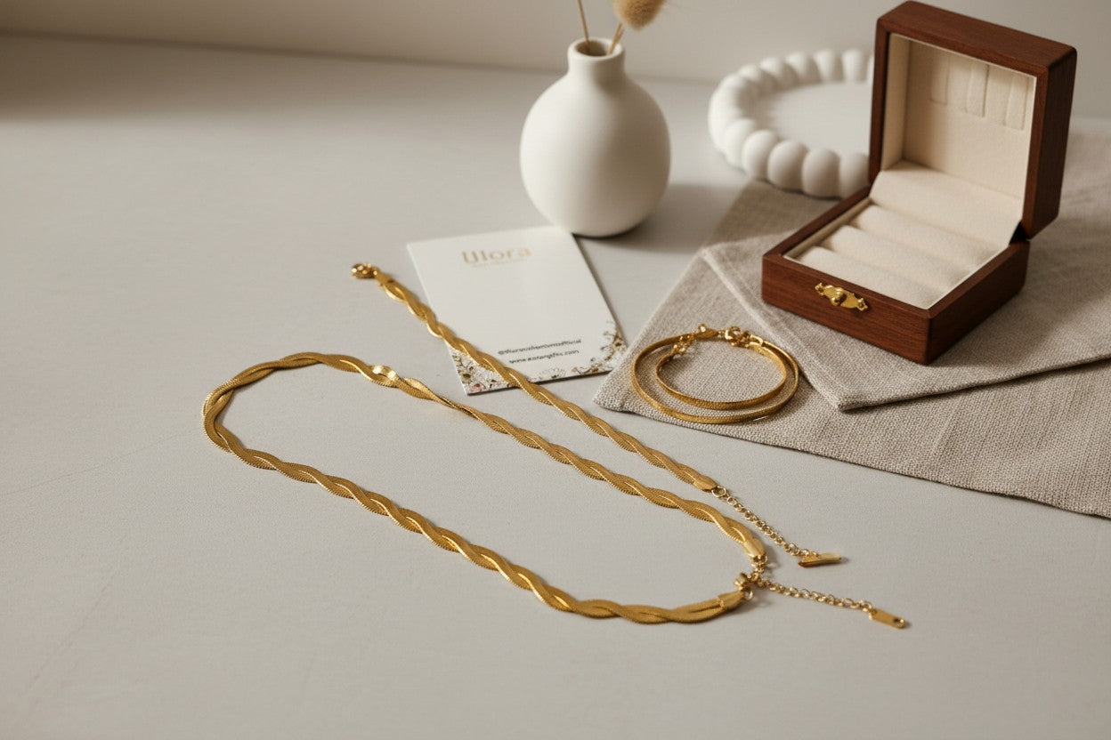 Serpentina Double Twist Set – Twisted  Double layered Snake Necklace & Snake Bracelet on a light surface with a jewelry box and card in the background