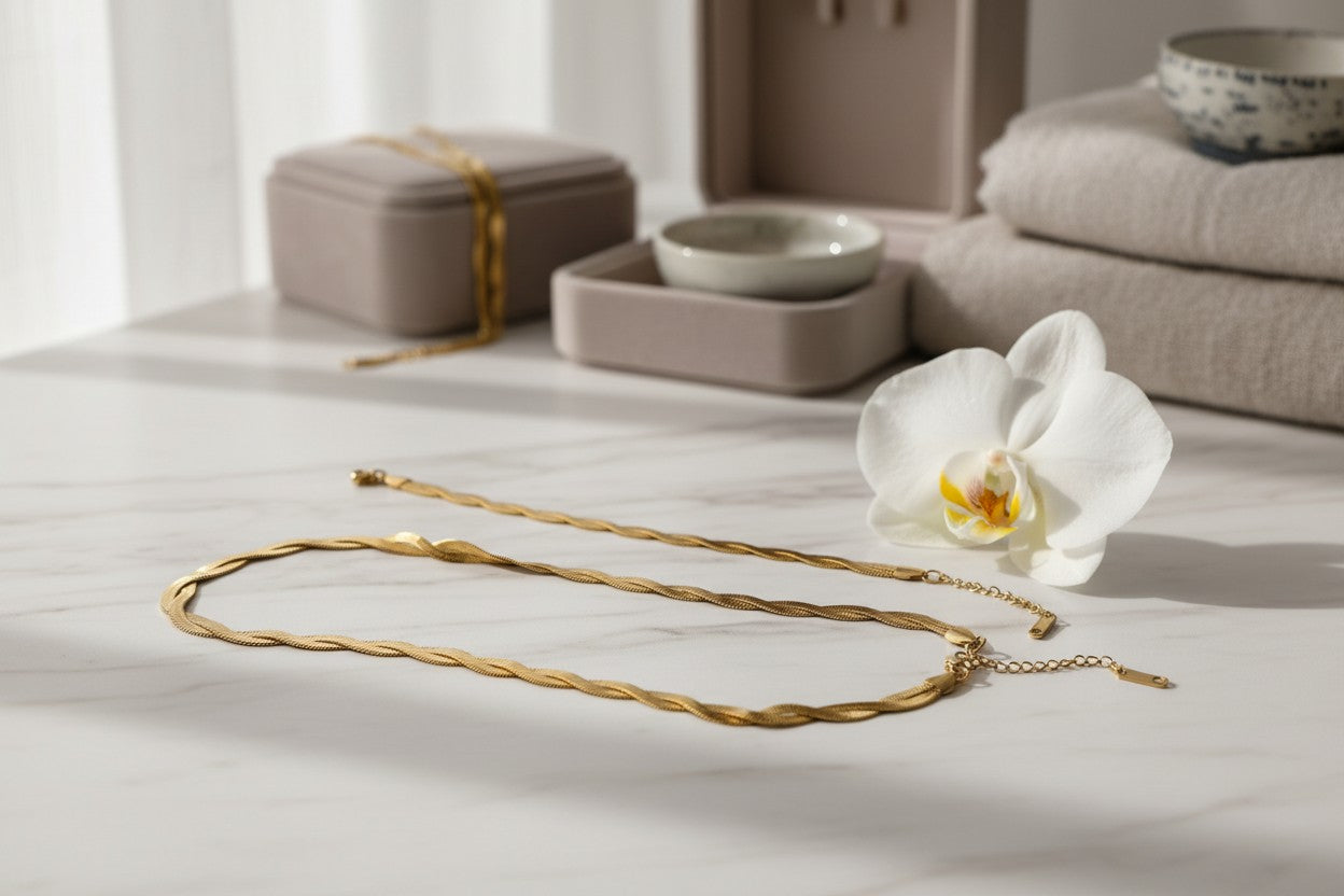 Twisted Double layered Snake Necklace & Snake Bracelet set on a white surface with an orchid and gift box in the background