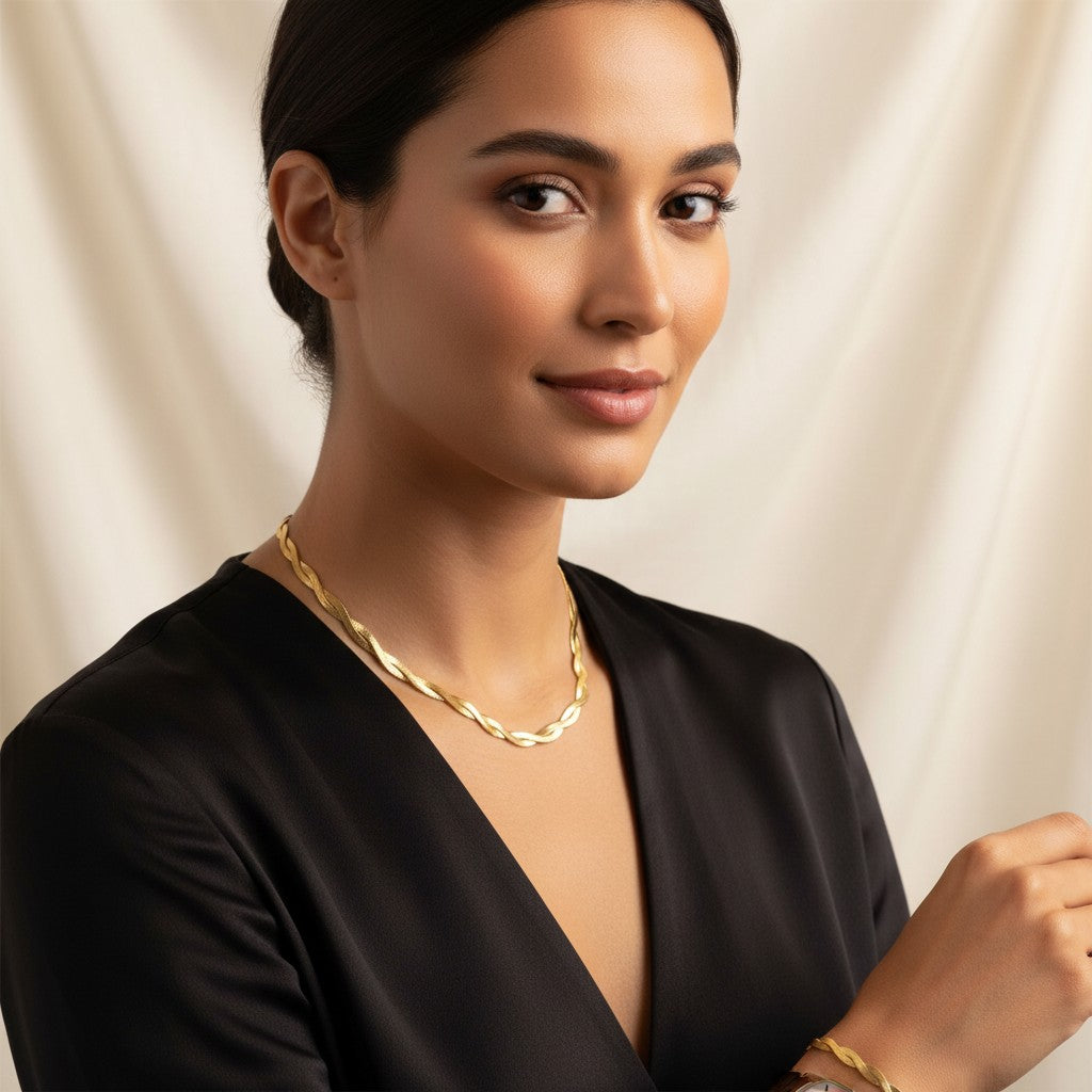Woman wearing Twisted Double layered Snake Necklace against a beige background