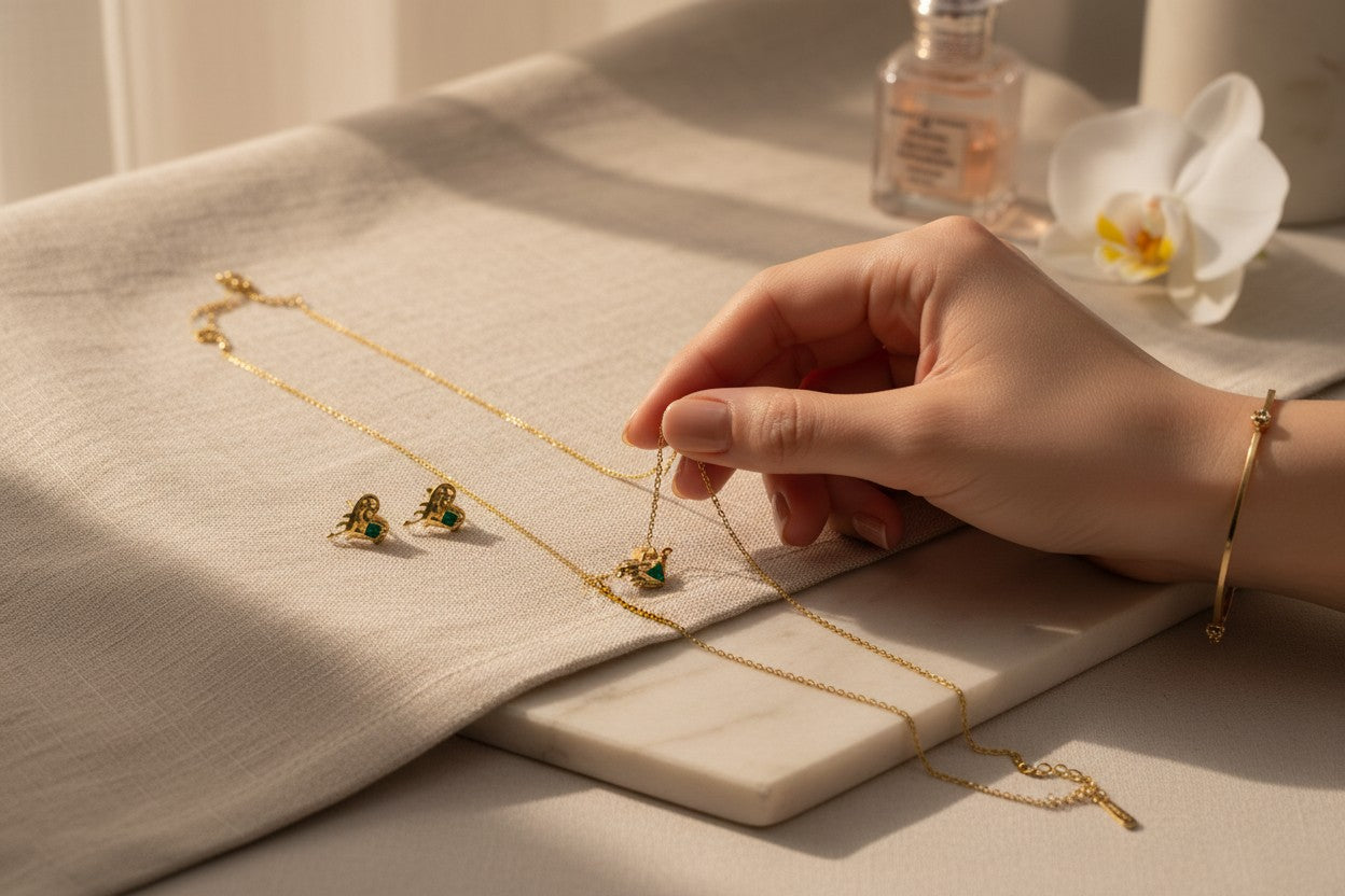 Hand holding Gold-plated Melted Heart Pendant & Earrings Set on a beige surface