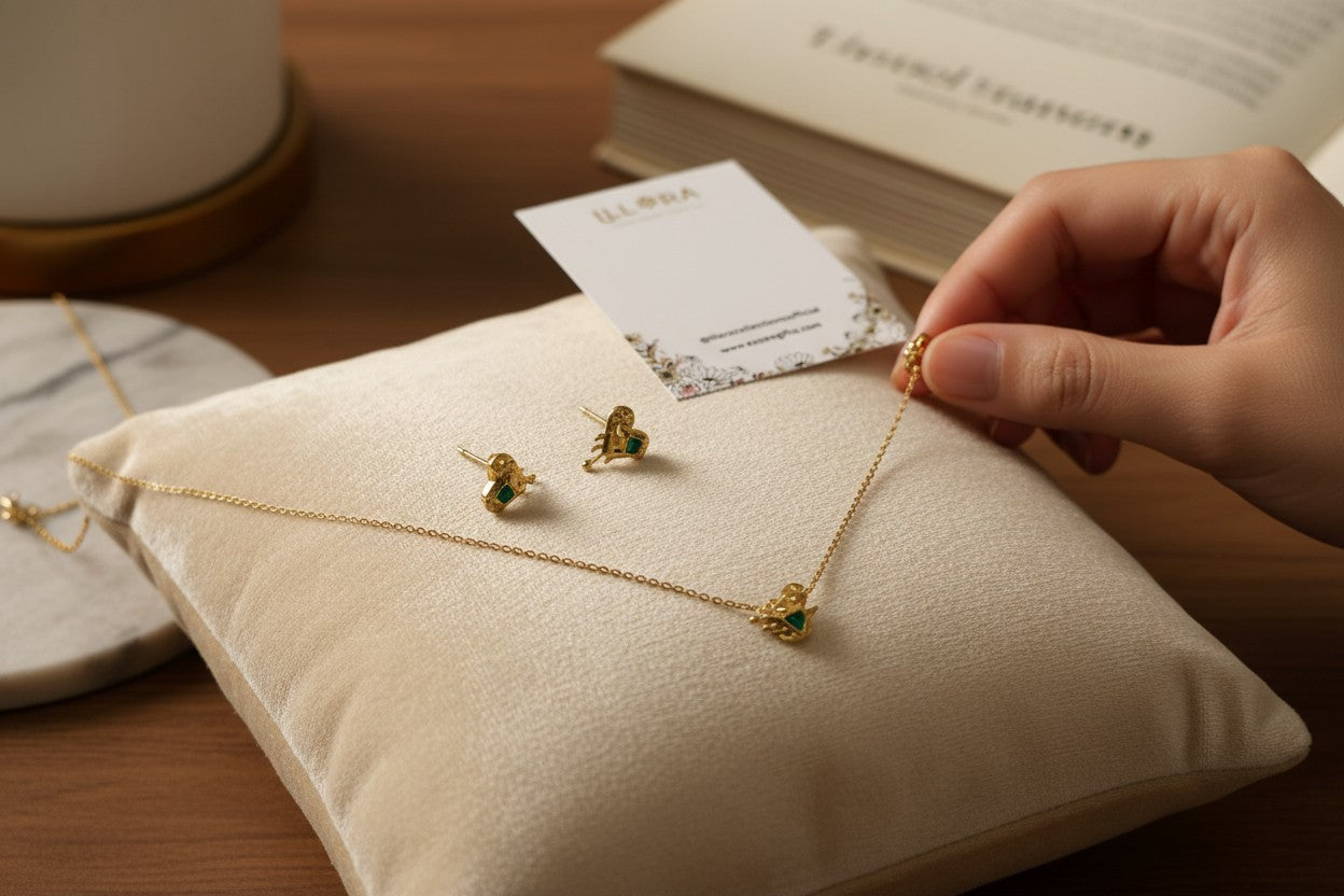 A hand holding K-Glow Emerald Heart Drip Gold-Plated Anti-Tarnish Jewellery Set for Women - Melted Heart Necklace & Earrings on a cushioned surface