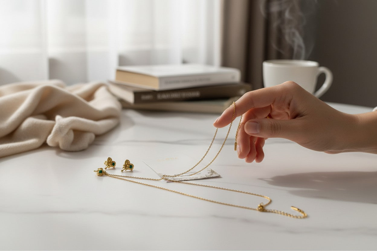 Hand holding K-Glow Emerald Heart Drip Gold-Plated Anti-Tarnish Jewellery Set for Women against a background of books and a mug.