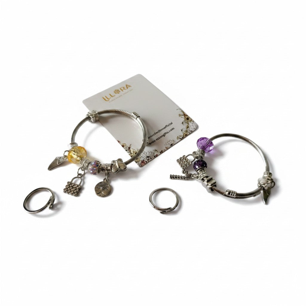 Anti-tarnish Silver-plated Charm Bracelet & Hug Ring on a white background
